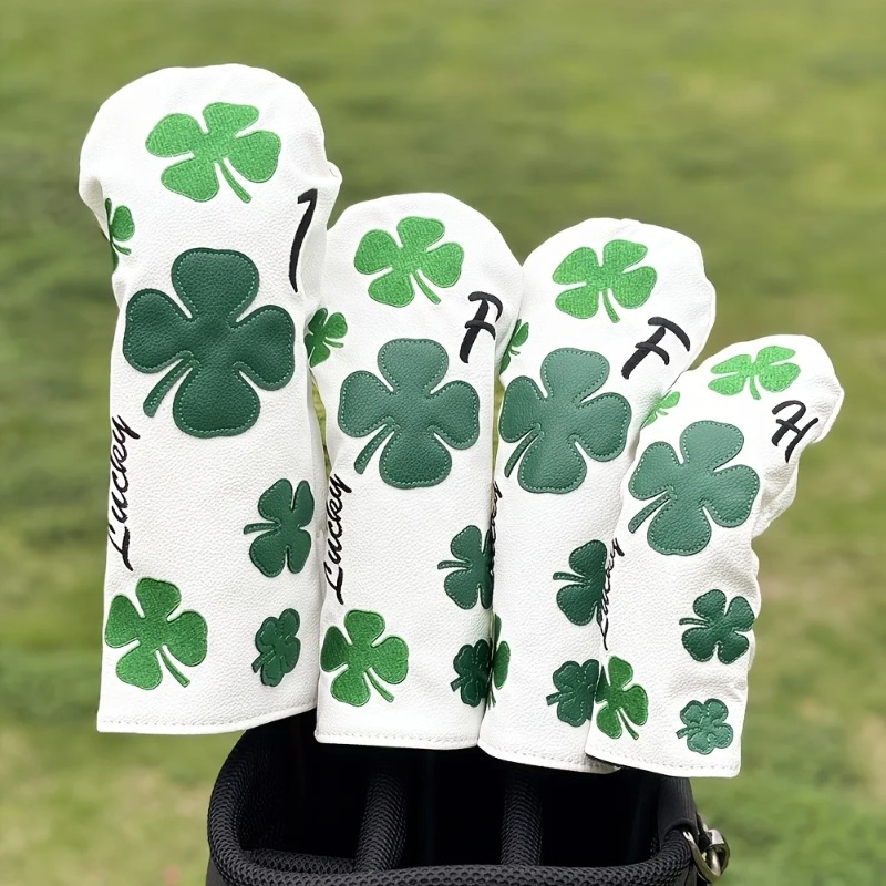 Golf Clubs - ปลอกหุ้มหัวไม้กอล์ฟ Clover ดีไซน์ทันสมัย - สีขาวทนทานพร้อมลายโคลเวอร์สี่แฉกสีเขียว ปลอกป้องกันไม้กอล์ฟ